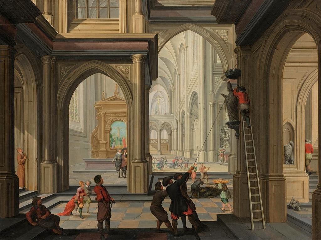 Traumatic memories for an artistic culture: the Netherlandish iconoclasm of 1566, painted over half a century later by Dirck van Delen. His day is today.