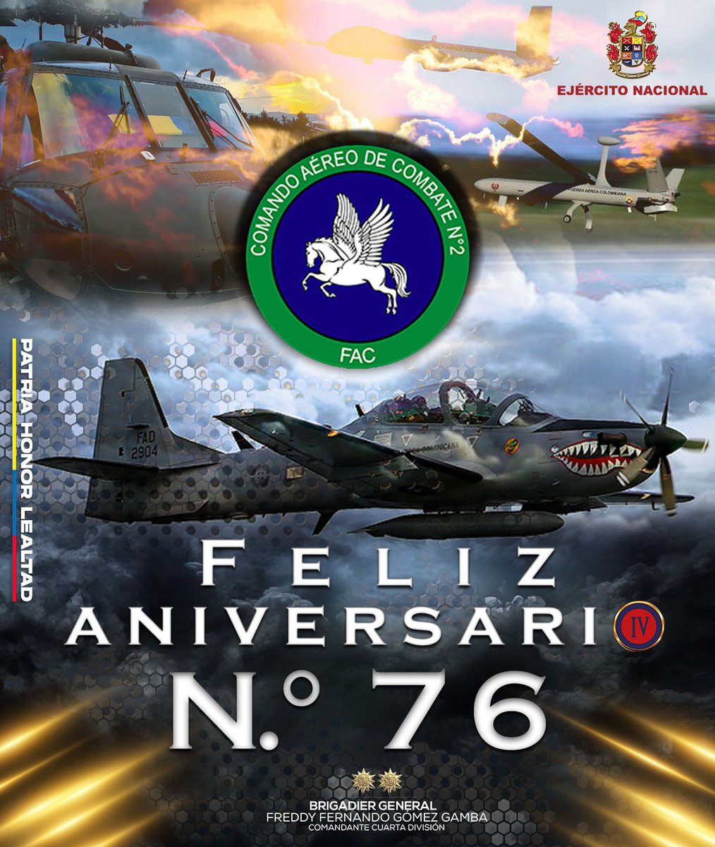 Los soldados de la Cuarta División del @COL_EJERCITO, felicitan a los hombres y mujeres del Comando Aéreo de Combate N.° 2 de la @FuerzaAereaCol. ¡76 años siendo la base aérea orgullo de los Llaneros! #AdAstra