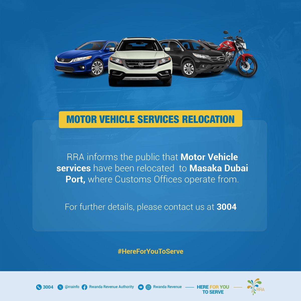 RRA iramenyesha abayigana bose ko serivisi zose z'ibinyabiziga zimutse. ---------- RRA informs the public that all motor vehicle services have been relocated.