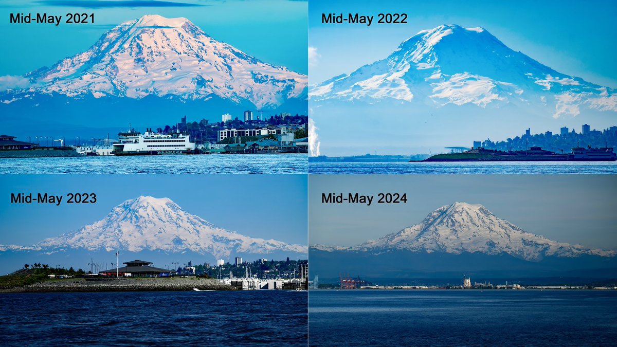 This is an unscientific visual look at the Mountain 🏔️ from Tacoma. Mid-May snowpack on Tahoma looks a little low, but similar to 2021 and 2023.