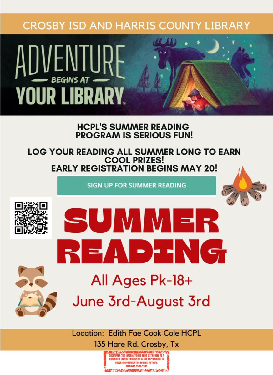 Summer reading program at the Crosby Branch Library! Early registration begins today. Scan the QR Code or use this link to register: hcpl.net/summer-reading…