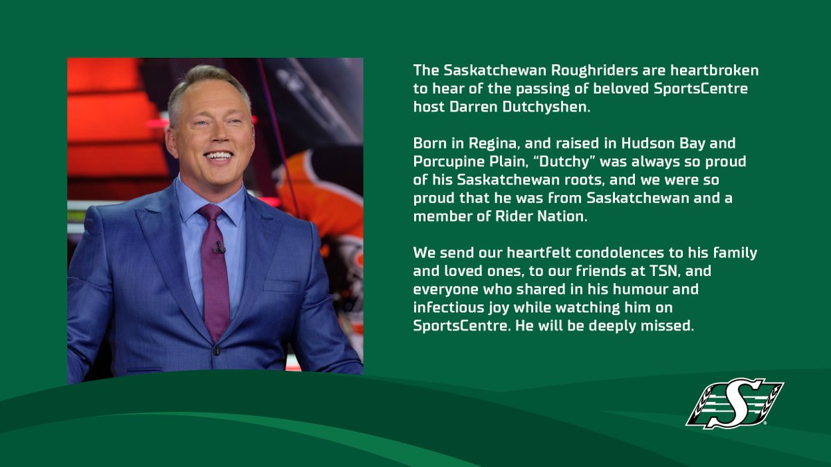 Our organization is heartbroken to hear of the passing of Darren Dutchyshen. We send our condolences to his family and loved ones, to our friends at TSN, and everyone who shared in his humour and infectious joy while watching him on SportsCentre. He will be deeply missed.