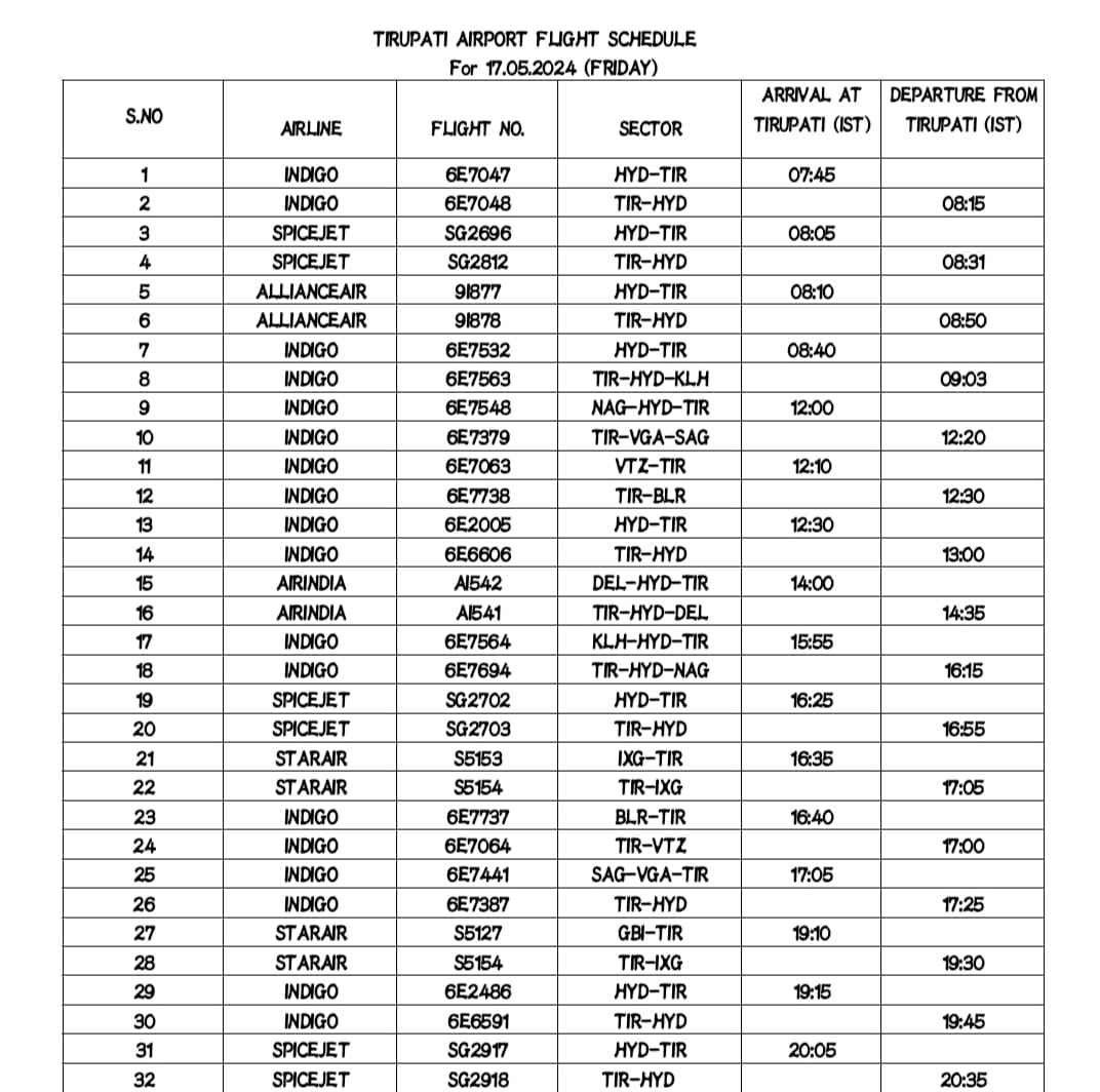 Flight schedule for 17th May 2024 (Friday)
