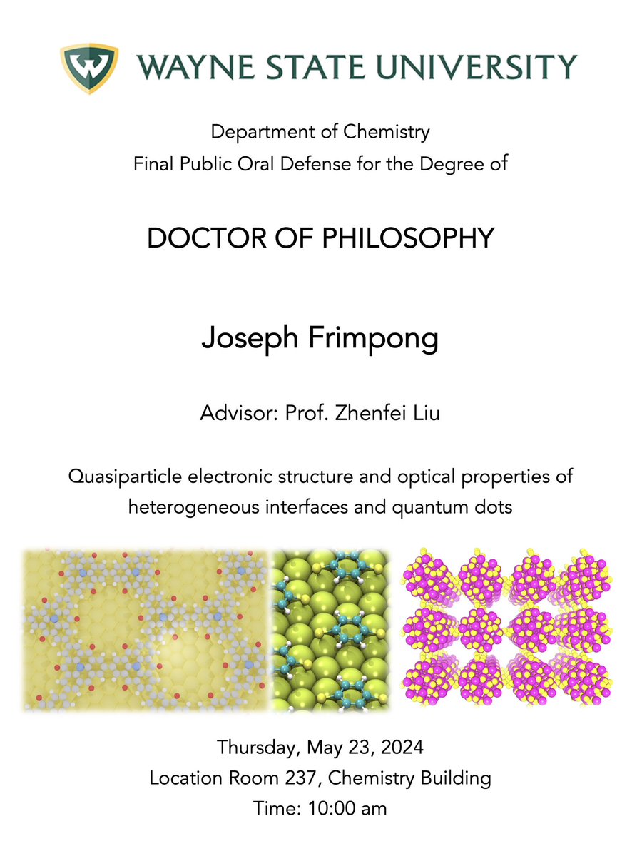 The Final Public Oral Defense for the Degree of Doctor of Philosophy from Joseph Frimpong will be held on Thursday, May 23, 10:00 am, #WSUchemistry. Good Luck, Joseph! #phddefense