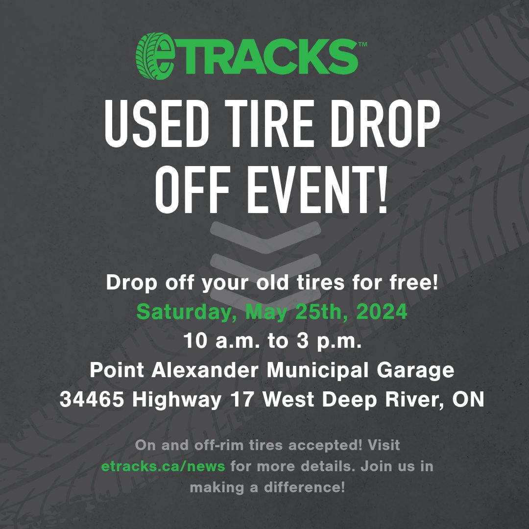 eTracks is thrilled to announce our first tire collection event in Deep River, Ontario! Clean up your yard and bring your end-of-life tires to support our effort to keep communities clean. #TireRecycling #CommunityEvent #Sustainability #eTracks #Ontario