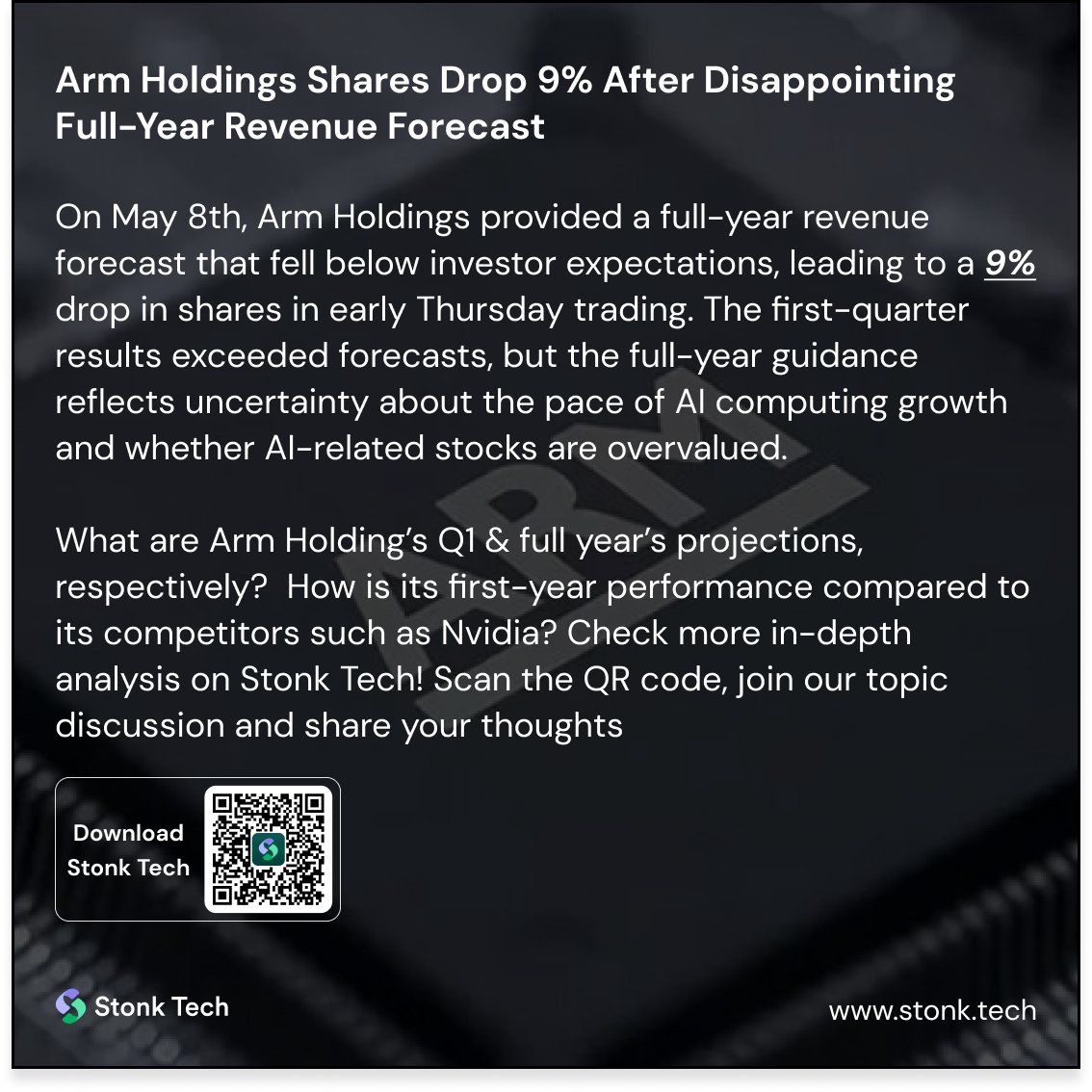 Stonk_Tech's tweet image. Arm Holdings recently provided a full-year revenue forecast that fell short of investor expectations, leading to a 9% drop in shares after soaring following its IPO on AI optimism. 
Despite surpassing March-quarter estimates, the chip designer&apos;s outlook raised concerns about the…