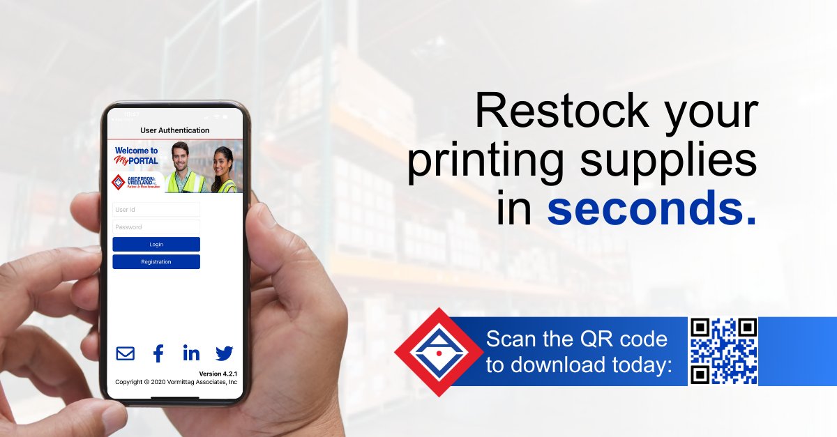 Restocking made simple! Place orders on pre press, plateroom, and pressroom essentials at anytime using the Anderson &amp; Vreeland Inc mobile app. Click the link below or scan our QR code to download today!

📲 bit.ly/3wD7SRl

#Flexo #Labels #Printing #Packaging