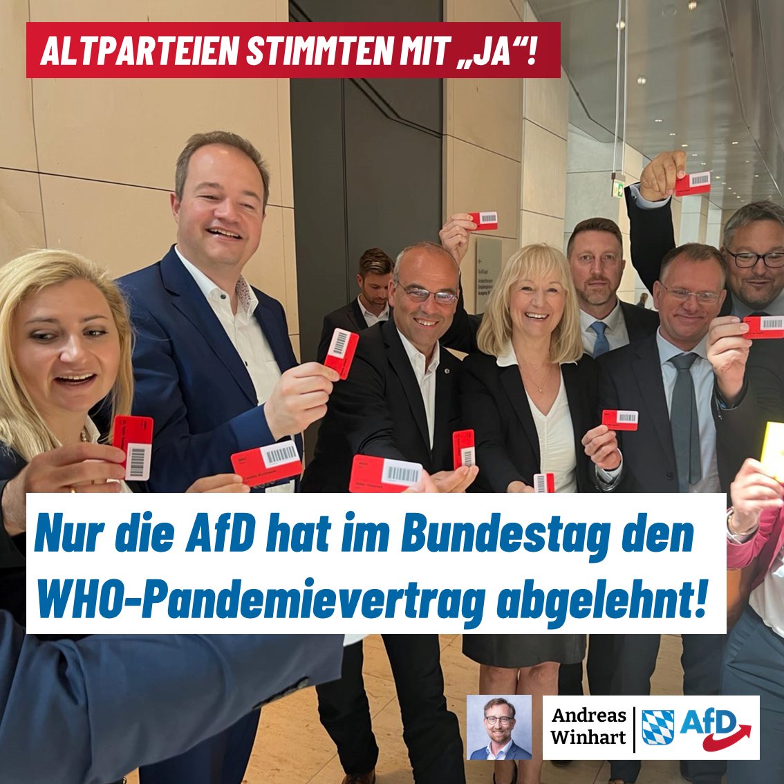 Heute wurde im Anschluss an die Debatte über den #WHO-Pandemievertrag im Deutschen Bundestag namentlich abgestimmt, ob die Bundesrepublik diesem Vertragswerk zustimmt.

Unsere #AfD-Bundestagsfraktion hat mit NEIN gestimmt! #DeshalbAfD