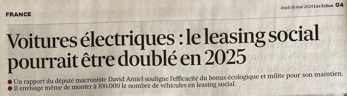 Doubler le nombre de voitures en leasing social, poursuivre le succès du bonus écologique, déjouer la mâchoire d’acier sino-américaine… @LesEchos reviennent sur mon rapport présenté en @AN_Finances pour des voitures électriques accessibles et 🇪🇺 lesechos.fr/industrie-serv…