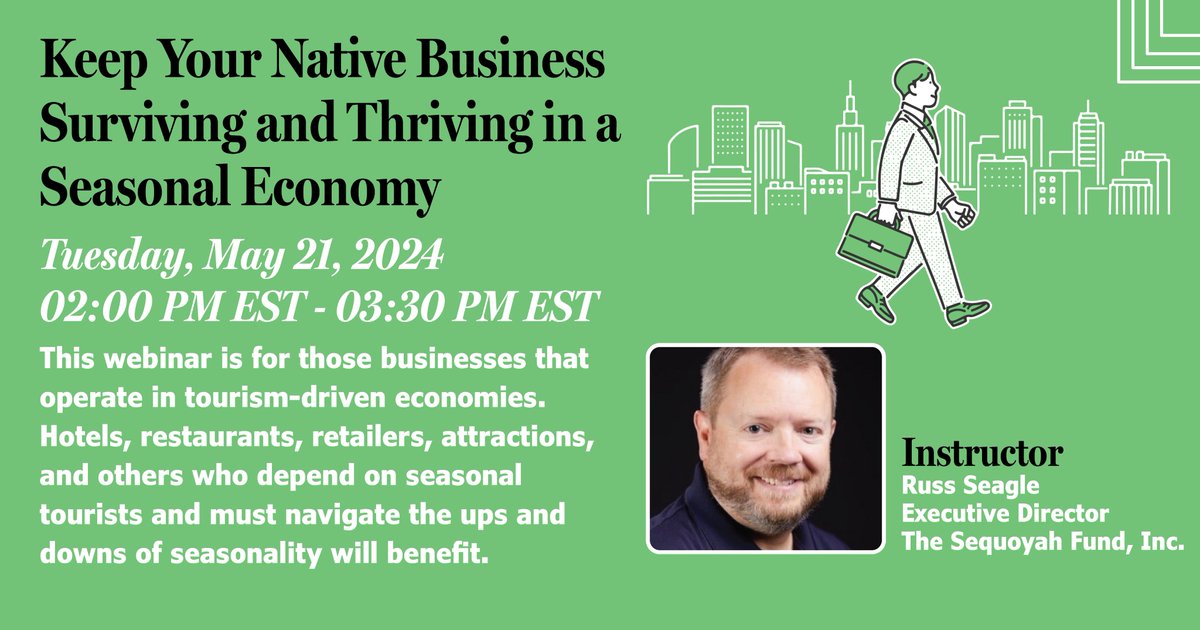 nativelearningc's tweet image. Webinar: Keep Your Native Business Surviving and Thriving in a Seasonal Economy
Date: May 21, 2024 
Time: 2:00 PM - 3:30 PM EST 

Register Now: events-na8.adobeconnect.com/content/connec…

#nativebusiness #webinar #seasonality #tourism #marketing  #NLC #NativeLearningCenter #TribesHelpingTribes