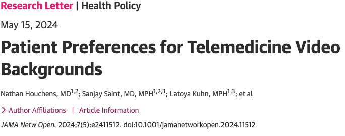 📺Telehealth enthusiasts!📺 ✅@JAMANetworkOpen survey of >1200 pts 👉Pts prefer a video background of a doctor's office w/ diplomas displayed🎓📜 ❌Pts DO NOT want to view a bedroom🛏️ or kitchen🍴 🤔Thought? @justindubinmd @JuanJAndino 🔗jamanetwork.com/journals/jaman…