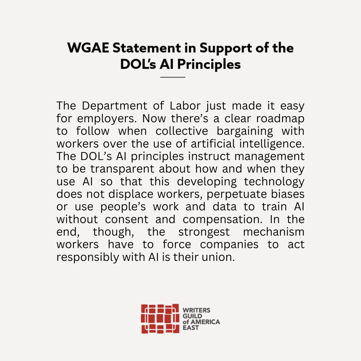 The following is a statement from the WGA in support of the Department of Labor's AI Principles. Read the full document via dol.gov/general/AI-Pri…