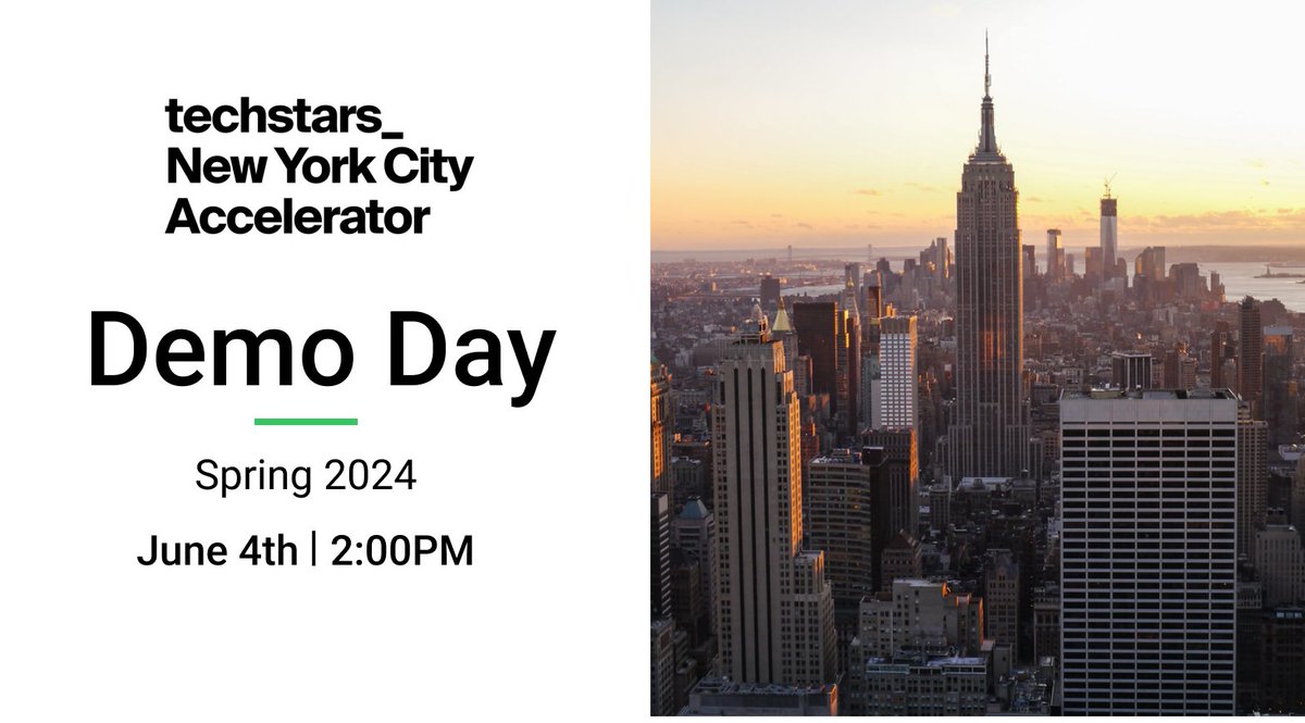 Excited to announce Demo Day for our @Techstars NYC Spring 2024 program is just 2 weeks away! 🚀 ⭐️ All attendees must RSVP and be approved in advance: lu.ma/techstars2024 📅 Apply for our fall program before apps close on May 22: techstars.com/accelerators/n… cc: @kjsnyc