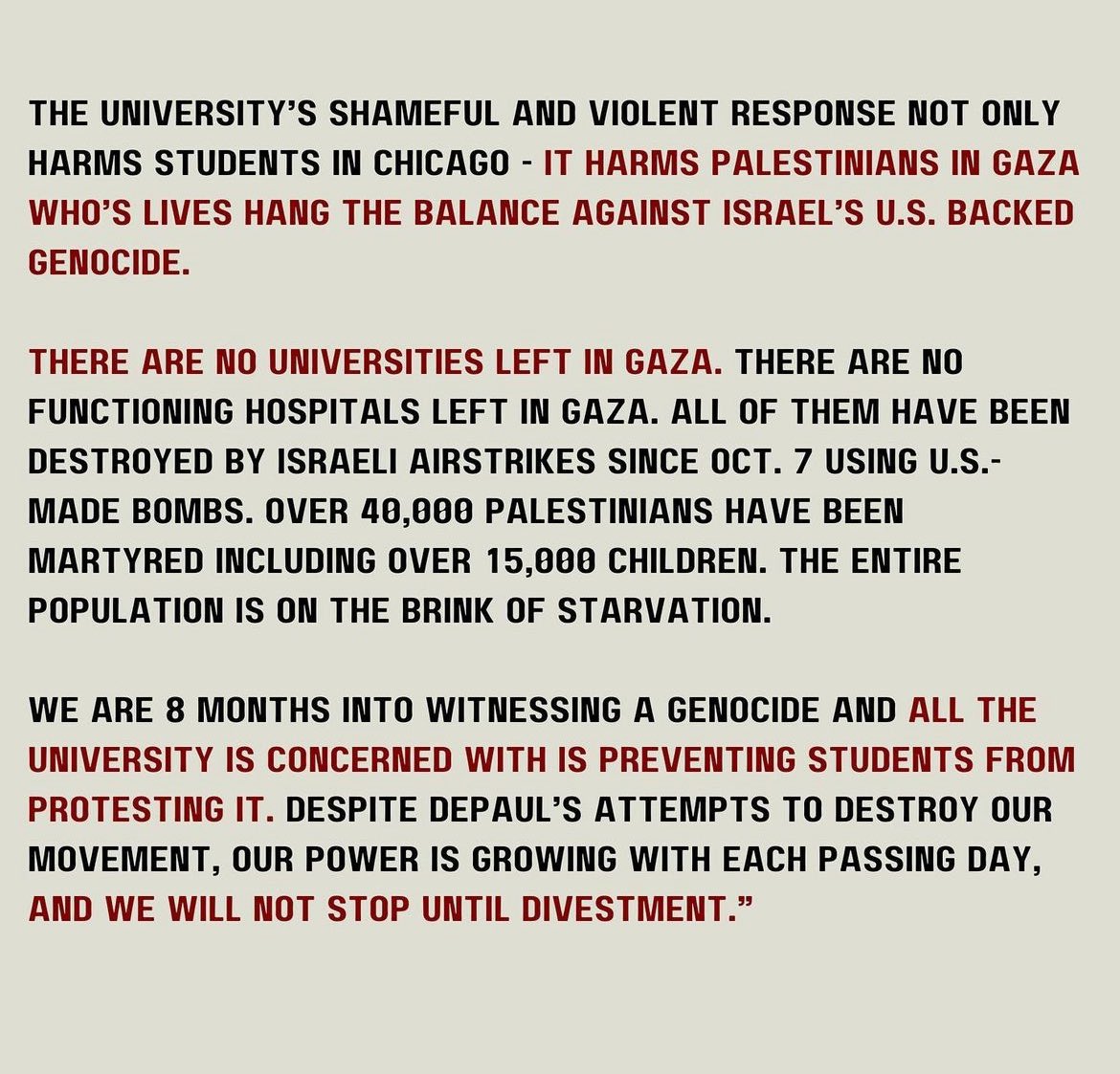 Shame on @DePaulU! Conducting a VIOLENT police raid and arresting students in the middle of the night for a PEACEFUL form of protest is INHUMANE and completely unacceptable.
