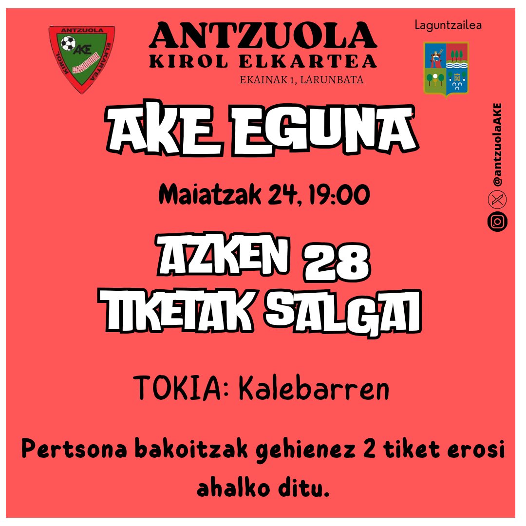 🚨 ADI!!!!

Datorren ostiralean, maiatzak 24, AKE eguneko bazkariko azken tiketak salgai kalebarrenen. 

🕖 19:00