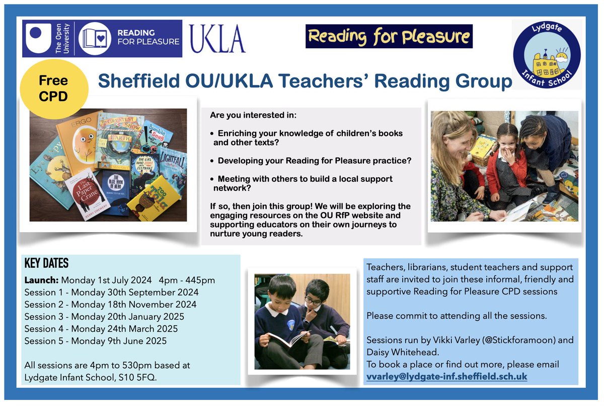 We are launching a new OU/UKLA Teachers' Reading Group in Sheffield! Intro session in July and then sessions throughout 2024-2025. Flyer ⬇️ Please do get in touch in you are interested in joining us to develop RfP pedagogy and practice. 😀📚 @OpenUni_RfP @The_UKLA