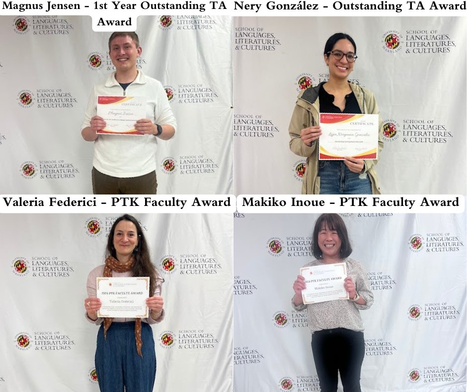 On May 10, SLLC celebrated our professional track faculty and teaching assistants during an award ceremony. Congratulations to Magnus Jensen, Nery González, Valeria Federici and Makiko Inoue for receiving awards!