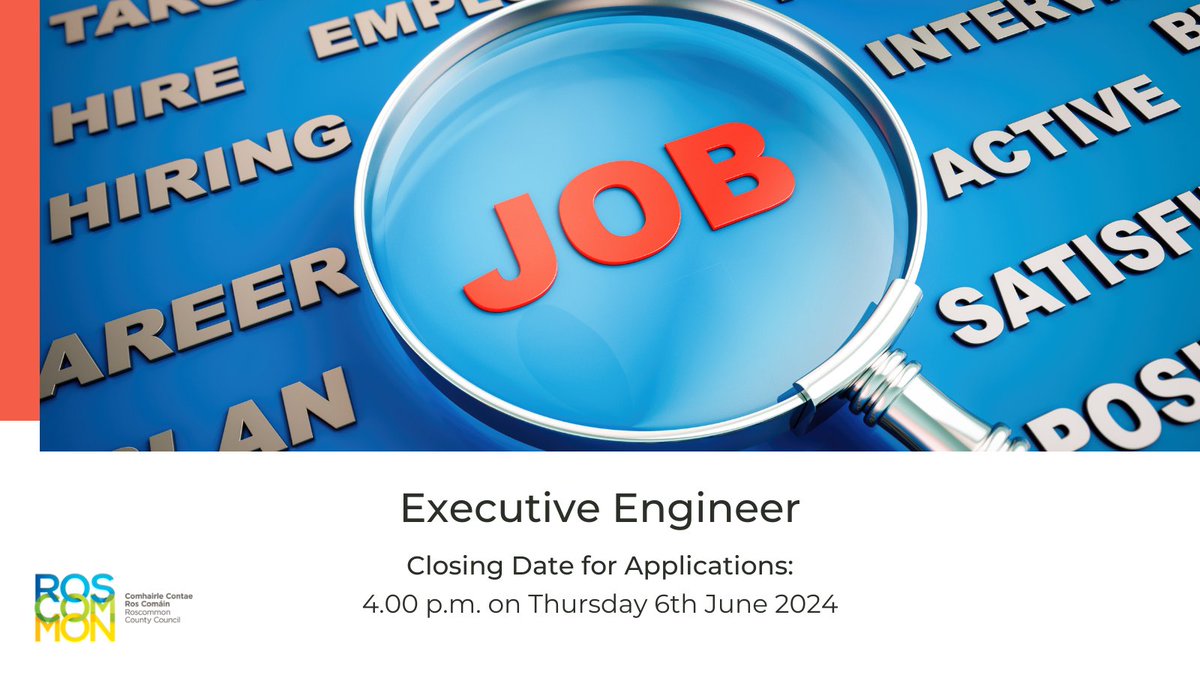 📢 Applications are now invited for the position of - ✔️Executive Engineer 💻 For info. - ow.ly/6hH550RIrPM 💻 To apply - ow.ly/h5Ur50RIrPN ✔️Applications to recruit@roscommoncoco.ie 🗓️ Deadline 4pm Thurs. 6th June #Jobfairy #recruitment #Engineering #Roscommon