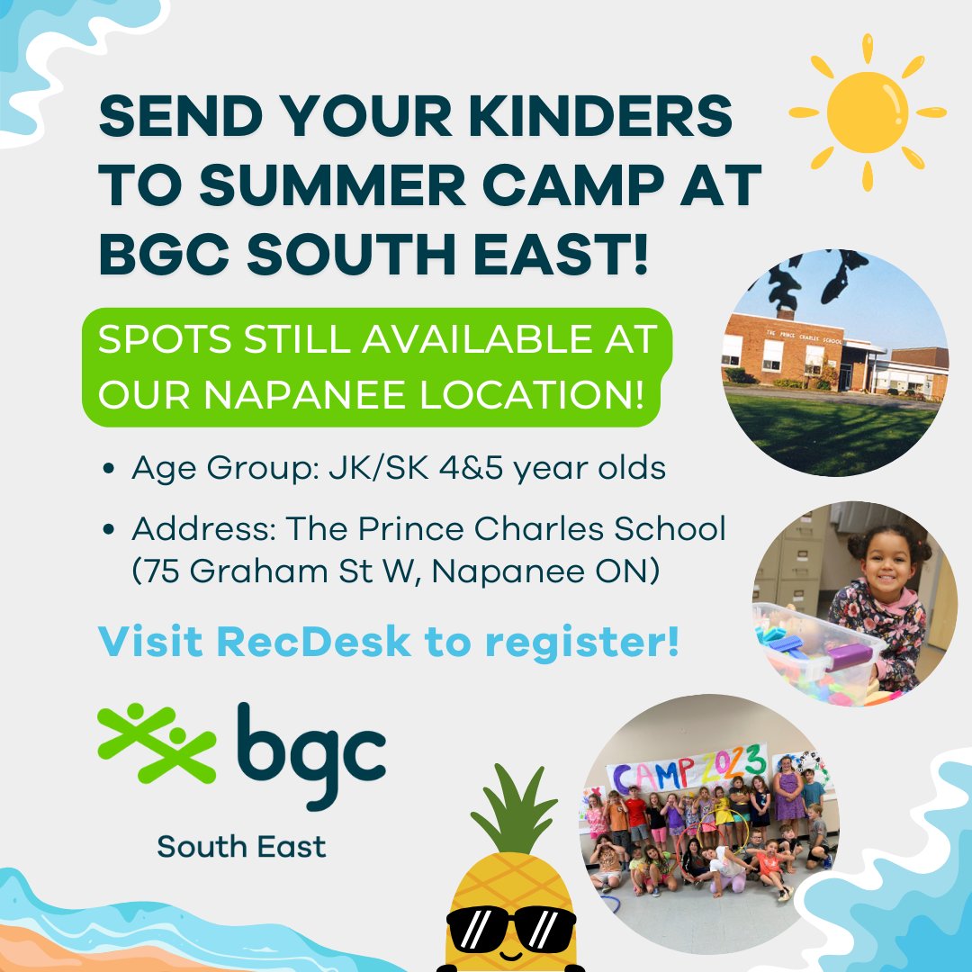 Looking for a fun-filled camp to send your little ones to this summer? Look no further, we still have plenty of spots open at our Napanee-Based Summer Camp located at The Prince Charles School! Visit our website for more details. Register here: bgcka.recdesk.com/Community/Prog… 😎