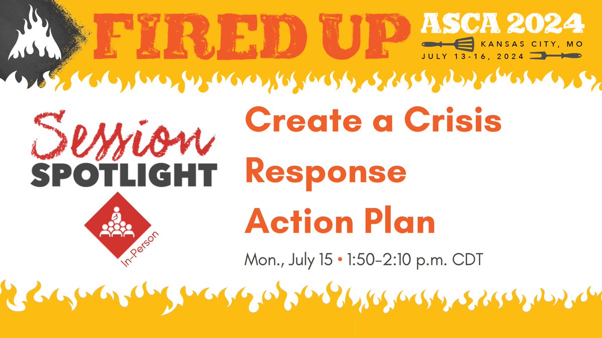 #ASCA24 Session Spotlight: Create a Crisis Response Action Plan on July 15 at 1:50 p.m. CDT. Learn what is needed in a crisis response action plan and gain resources to help you create one. This in-person session is presented by Michelle Clarke. bit.ly/3yl79op