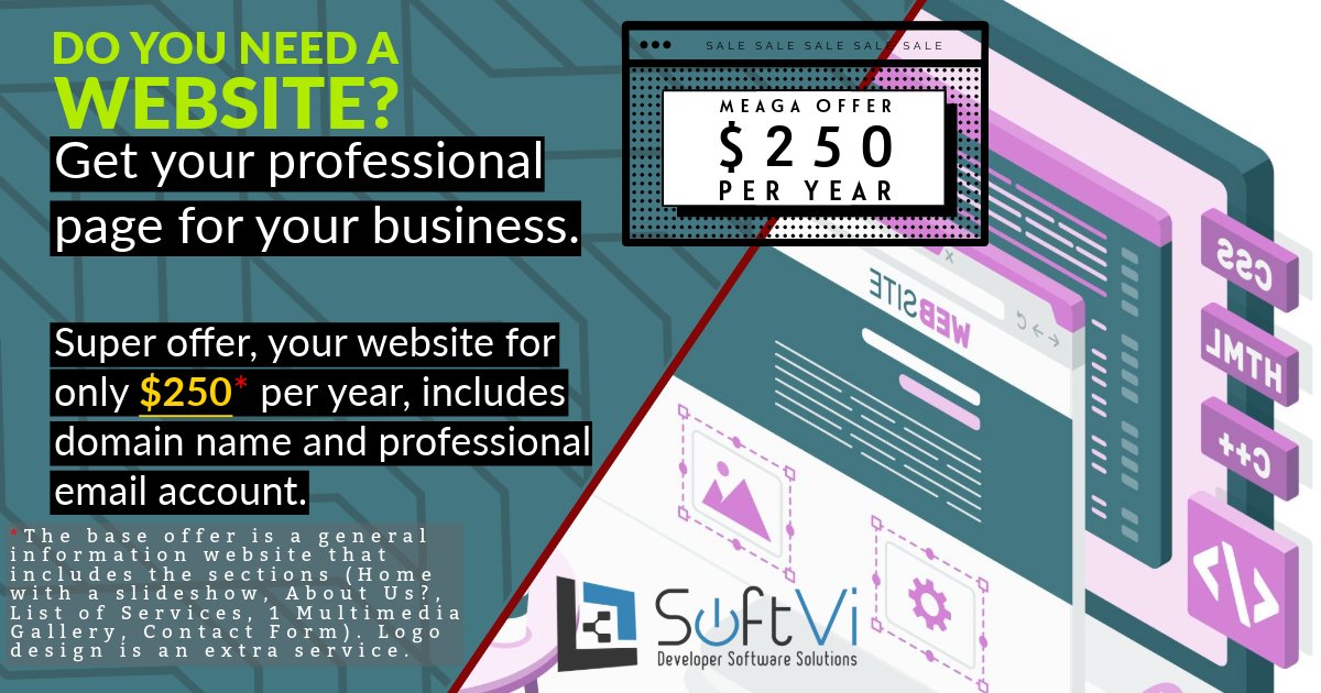 softvi's tweet photo. Do you need a website?
Super offer, your website for only $250* per year, includes domain name and professional email account.
---
Tu WEBSITE por tan solo $250 al año

#softvi #website #websitedesign #paginaweb https://t.co/yAo28v3NAB