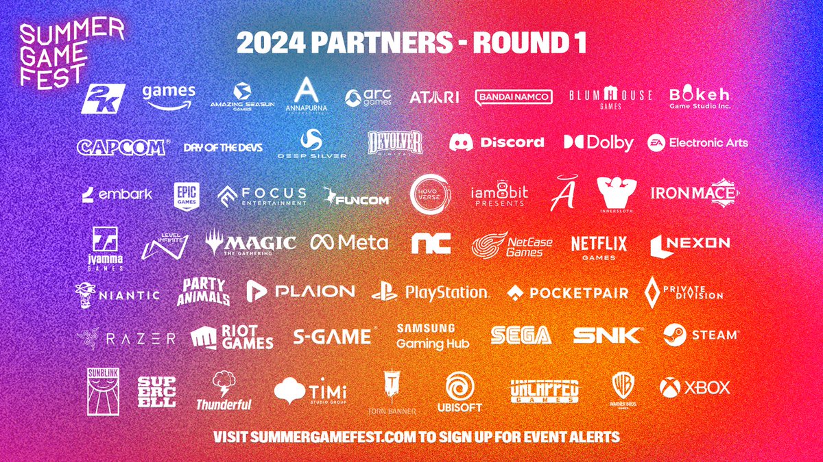 This June more than 55 partners will join together for #SummerGameFest Here’s a first look at partners, with more to be announced. Tune in live Friday, June 7 for the kickoff of SGF 2024- and sign up at summergamefest.com for event alerts.