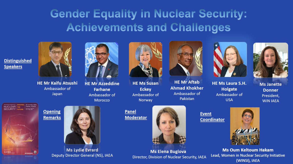 Join our event on gender equality in nuclear security during #ICONS2024 !  

Unique opportunity to hear from @iaeaorg
Ambassadors their experiences and challenges in promoting gender equality and diversity.   

📅Wed., May 22 
⏲️12:45-13:45 (CET) 
🏢Room M7, M-Blgd, VIC