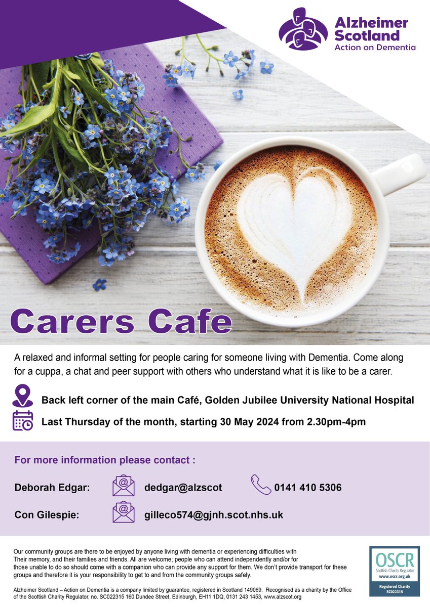 NHS Golden Jubilee will be running a Carers Support Café on the last Thursday of each month starting 30 May. This is open to anyone living with dementia or experiencing difficulties with their memory along with families and friends.