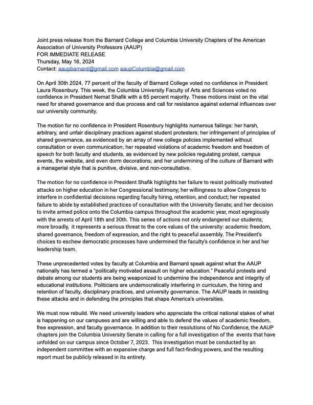 As of today, both Barnard and Columbia faculty have voted no confidence in the presidents leading their institutions by large margins. Statement from Columbia/Barnard @AAUP below.