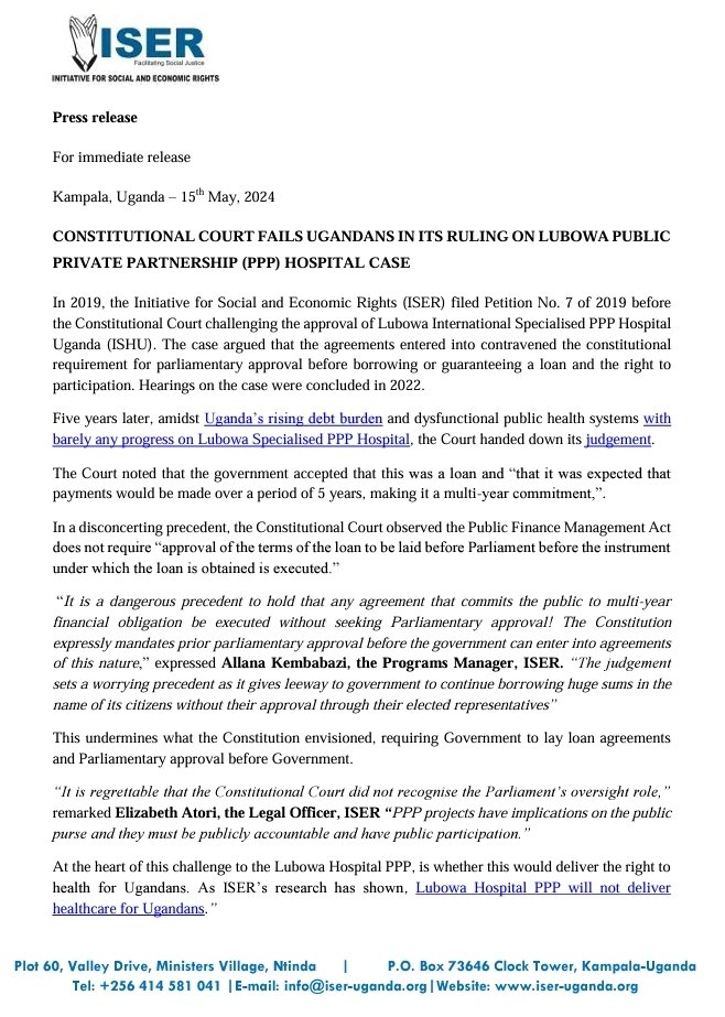 Constitutional Court fails Ugandans in it's ruling on Lubowa Public Private Partnership (PPP) Hospital case. Read our Press Statement. iser-uganda.org/wp-content/upl… #ReclaimPublicServices @MinofHealthUG @Parliament_Ug @mofpedU @rggoobi