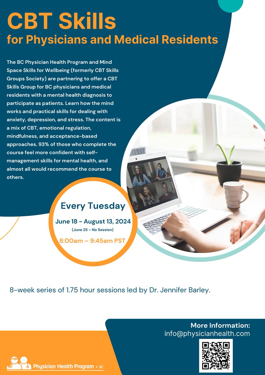 Exciting opportunity for BC physicians & medical residents! Join our 8-week CBT Skills Group starting June 18th, 8-9:45 am. Dive into understanding the mind & gain practical skills to combat anxiety, depression, & stress. Don't miss out! bit.ly/3SvYkhZ