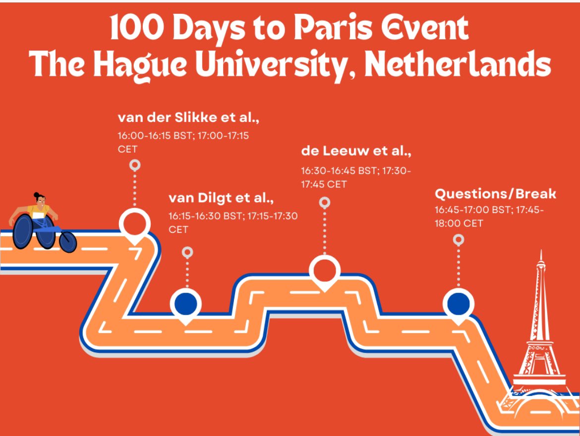 The #RoadToParis continues with our #100daystogo Seminar next Tuesday! 

Researchers from France, the Netherlands and members of the PHC will be presenting a range of para sport research. 

Got a question or interested in joining? Email <a href="/t/">Tantek</a>.rietveld@lboro.ac.uk 

🇫🇷💡🤝