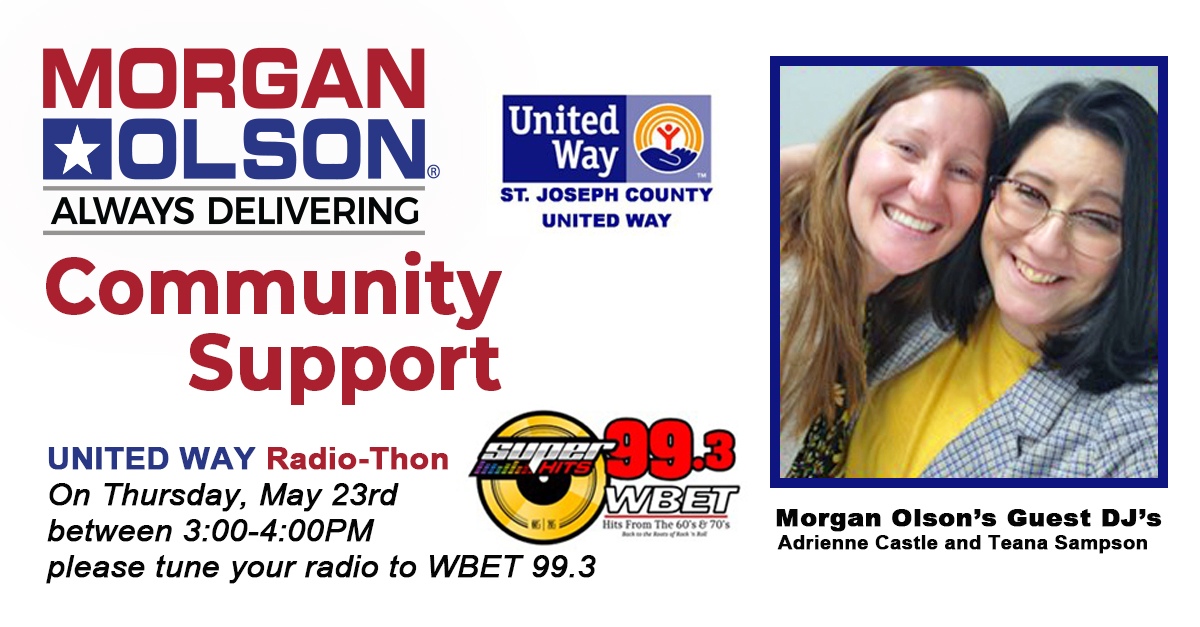 Please tune in to 99.3 WBET on Thursday, May 23, 2024, from 3:00 PM to 4:00 PM to hear Morgan Olson's guest DJs and call 269-651-9555. Your donations support the St. Joseph County United link here: events.handbid.com/auctions/radio…
