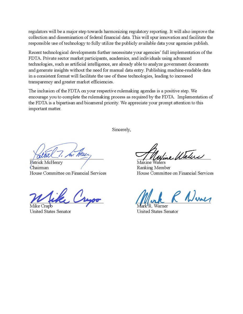 #NEW: Chairman @PatrickMcHenry is leading a bipartisan, bicameral letter alongside @RepMaxineWaters, @MikeCrapo, and @MarkWarner to federal financial regulators urging their timely implementation of the Federal Data Transparency Act.

⬇️ Read more 🔗
financialservices.house.gov/news/documents…