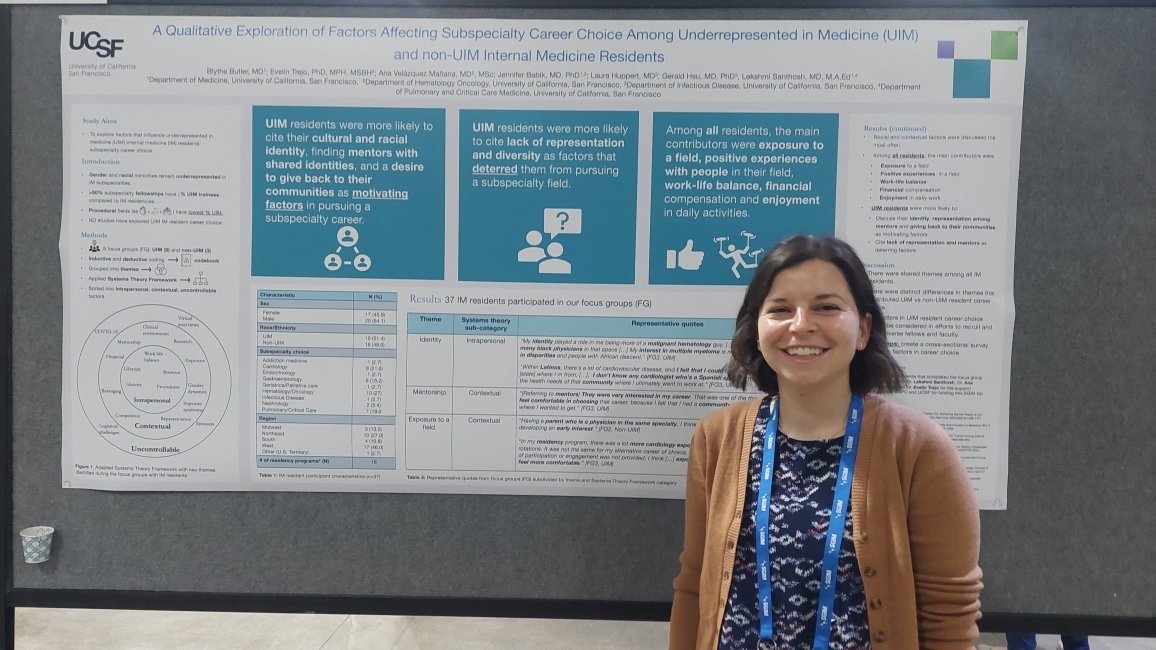 So proud of Dr @blythebutler21 @UCSFIMChiefs presenting our team's work at #SGIM24 on career choice in #UIM IM residents, fantastic team w/ Drs. @AnaVManana @laura_huppert @jen_babik Hsu Trejo. Looking fwd to having Dr. @blythebutler21 applying as #MedEd #PCCM fellow this cycle!