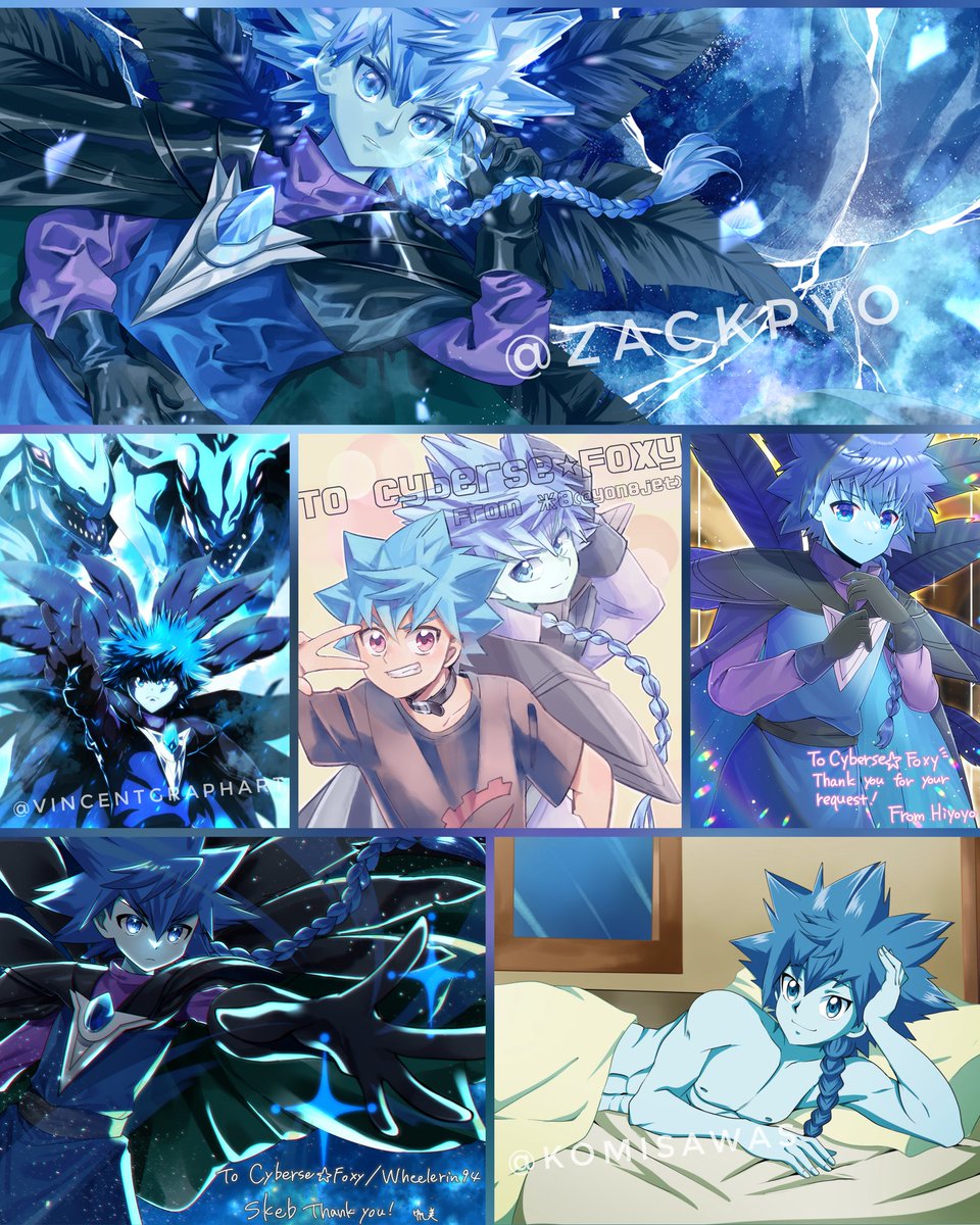 Noo I'm totally not obsessed with the☆Luge 🤭🥰🤣
Did a collage of my art commissions ♡ Had to overcome the time when he wasn't there in #gorush

All thanks go to the great artists 💙: 
@ZackPyO 
@Vincentgraphart 
@yon8jet 
@kou_hiyoyo
@homipoke28  
@KomisawaS 

#yugioh #遊戯王