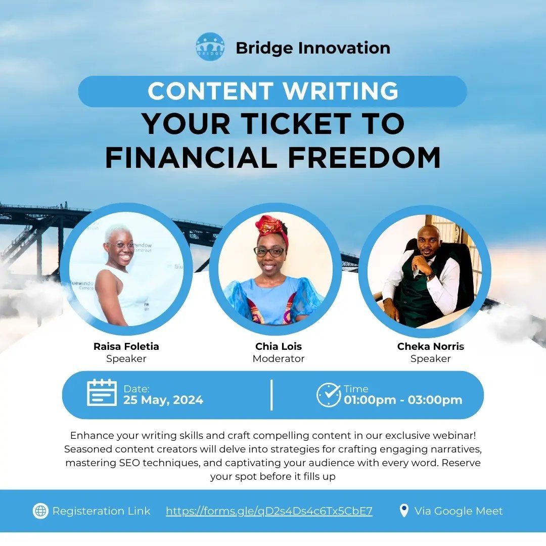 Unlock your financial independence through content writing! 

Join our online seminar and learn from the best in the business. 

Register now!

Link: forms.gle/qD2s4dS4c6Tx5C…

#FinancialFreedom #OnlineSeminar #WritingCommunity #DigitalMarketing #ContentStrategy #Entrepreneurship
