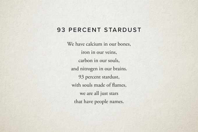We are all made of stardust It sounds like a line from a poem, but there is some solid science behind this statement too 93% of the mass in our body is actually stardust, most of the elements in our bodies were formed in stars during billions of years [Poem by Nikita Gill]