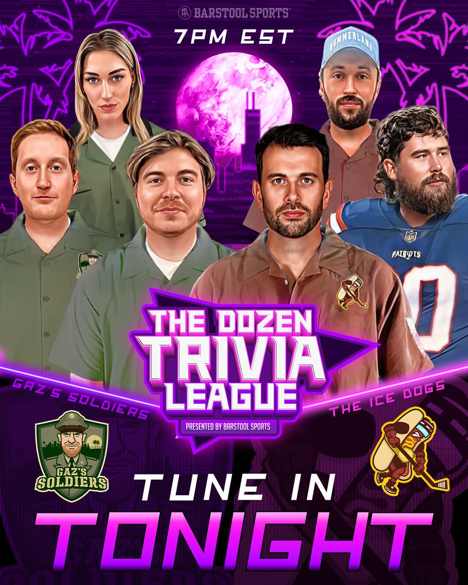 🚨 TONIGHT 🚨 Two teams fighting for a spot in the tourney square off as GAZ’S SOLDIERS (@JackMacCFB @ConnorMook_ @carolinebano) take on the ICE DOGS (Yandle @dandrews61 @martymush) at 7|6c… Predictions? 📺: barstool.link/the-dozen-triv…