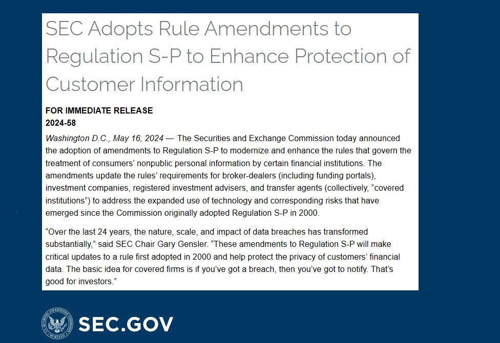 SEC adopts rule amendments to Regulation S-P to enhance protection of customer information sec.gov/news/press-rel… #SEC #RegSP #investors #databreaches