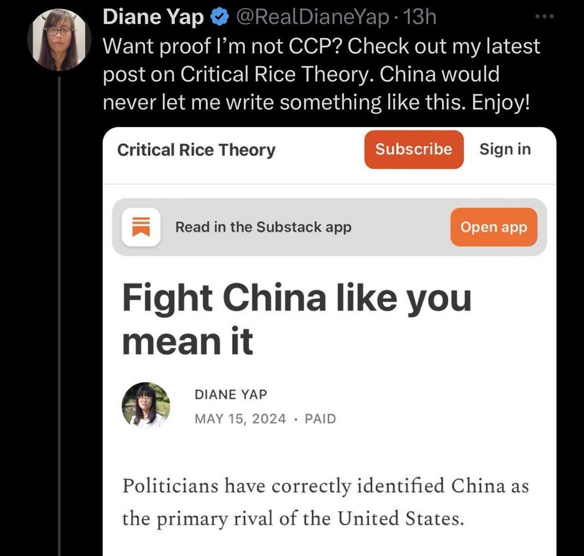 I refuse to give this bait account engagement but I notice she’s always posting antiBlack content and is also virulently anti China. She distinguishes herself from “CCP agents” who she says support ‘CRT and DEI.’ This is why I say Anticommunism and anti Blackness are interlinked.