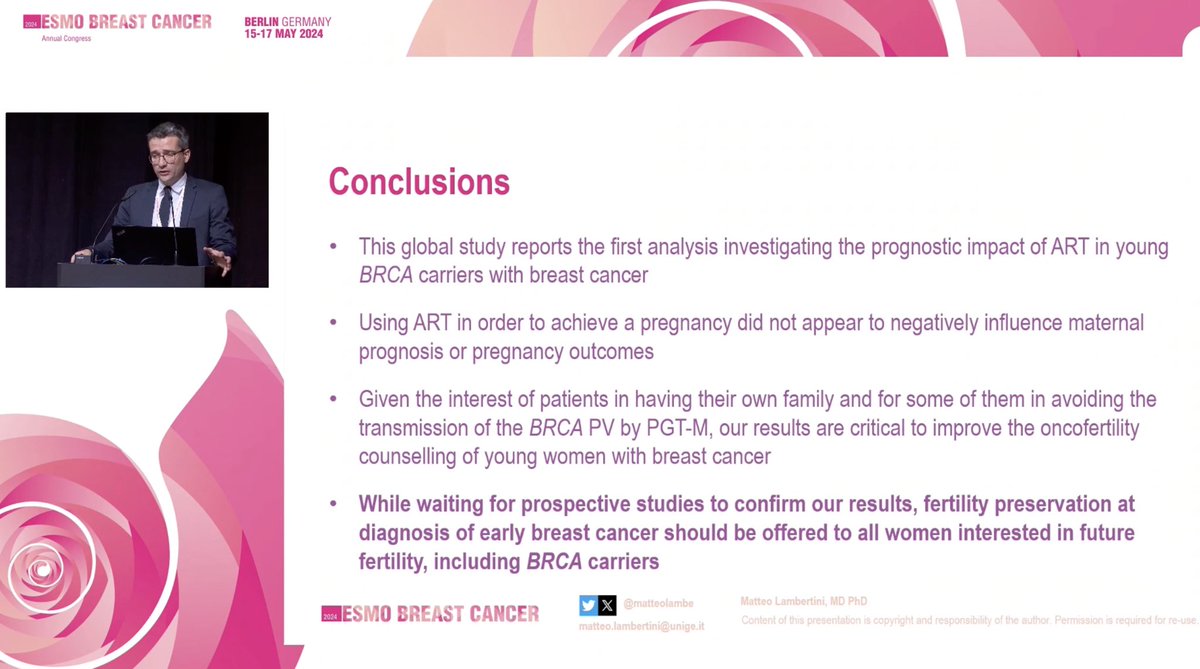Paolo Tarantino (@ptarantinomd) on Twitter photo Reassuring retrospective data on the safety of using assisted reproductive techniques in young BRCA-carriers with breast cancer presented by <a href="/matteolambe/">Matteo Lambertini, MD PhD</a>. #ESMOBreast24 #ESMOAmbassadors <a href="/myESMO/">ESMO - Eur. Oncology</a> Reassuring retrospective data on the safety of using assisted reproductive techniques in young BRCA-carriers with breast cancer presented by <a href="/matteolambe/">Matteo Lambertini, MD PhD</a>. #ESMOBreast24 #ESMOAmbassadors <a href="/myESMO/">ESMO - Eur. Oncology</a>