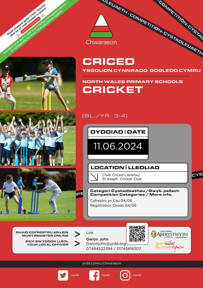 ‼Cystadleuaeth Sir Dinbych Cofrestrwch eich ysgol heddiw Criced Dinbych 11/06/24 Clwb Criced Llanelwy urdd.cymru/cy/chwaraeon/c… Athletau Dinbych 18/06/2024 Ysgol Uwchradd Dinbych cognitoforms.com/UrddGobaithCym Am fwy o wybodaeth Cysylltwch a chwaraeondinbych@urdd.org