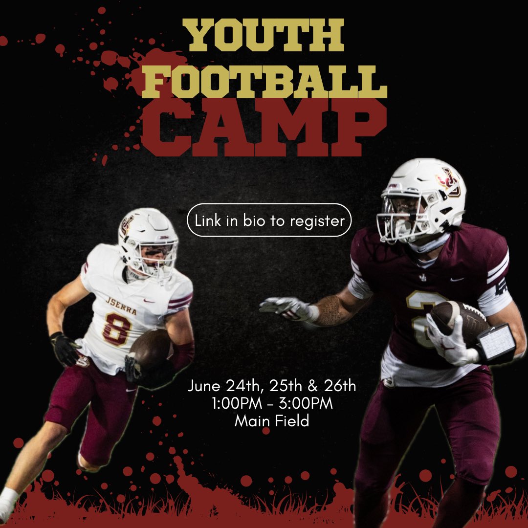🚨 YOUTH FOOTBALL CAMP 🚨 June 24th-26th 1:00PM-3:00PM - Main Field jserra.org/parents-studen… #BeALion #OneBloodFootball