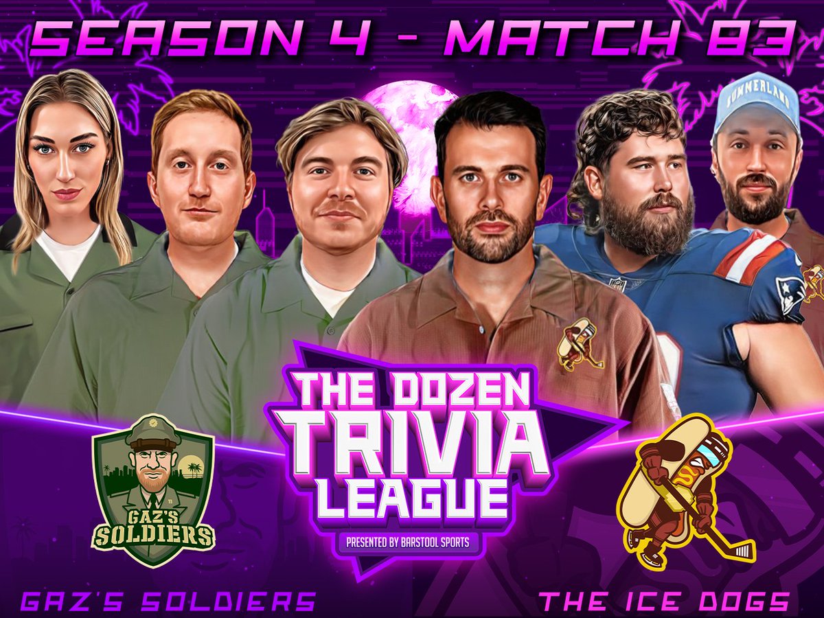 ⚠️ PREMIERING NOW ⚠️ Two teams fighting for a spot in the tourney square off as GAZ’S SOLDIERS (@JackMacCFB @ConnorMook_ @carolinebano) take on the ICE DOGS (Yandle @dandrews61 @martymush) 📺: barstool.link/the-dozen-triv…