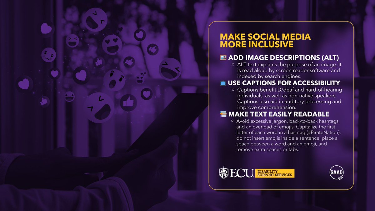 There #ARRRGH so many ways an #ECU department and your personal social media account can be inclusive and #accessible. Include #ALT text, closed captions and make text easily readable. Utilizing these tips helps prioritize #ECUAccessibility digitally for all #Pirates. 💜