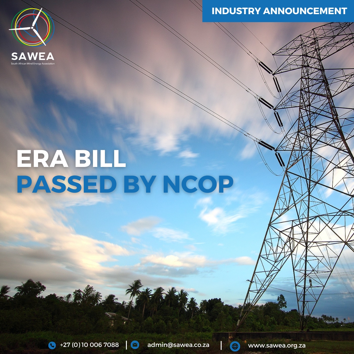ERA BILL UPDATE: #SAWEA applauds the NCOP approval of the #ERABill - a significant milestone for the #RE industry, particularly @windenergy. We eagerly anticipate the President’s consideration in shaping our energy landscape, for generations to come. #windresilience
