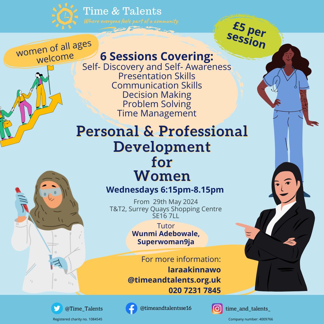 Time_Talents's tweet photo. 🌟 Calling all inspiring women! 🌟 A new series of workshops at T&amp;T for local women to explore strengths, grow in confidence, and make new connections. Know anyone that might be interested? Please register by email 💼💪 #WomenEmpowerment #PersonalGrowth #se16 https://t.co/7dhK2QFZRX