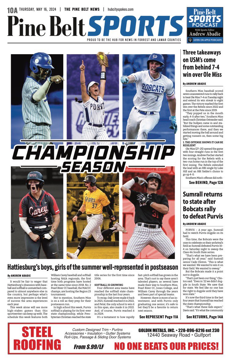 Here is a look at this week’s @PineBeltSPORTS section. More teams are playing for championships than I can keep up with. @CareyAthletics @PCS_Sports @purvis_softball @SouthernMissBSB @SumrallAthletic @APSE_sportmedia