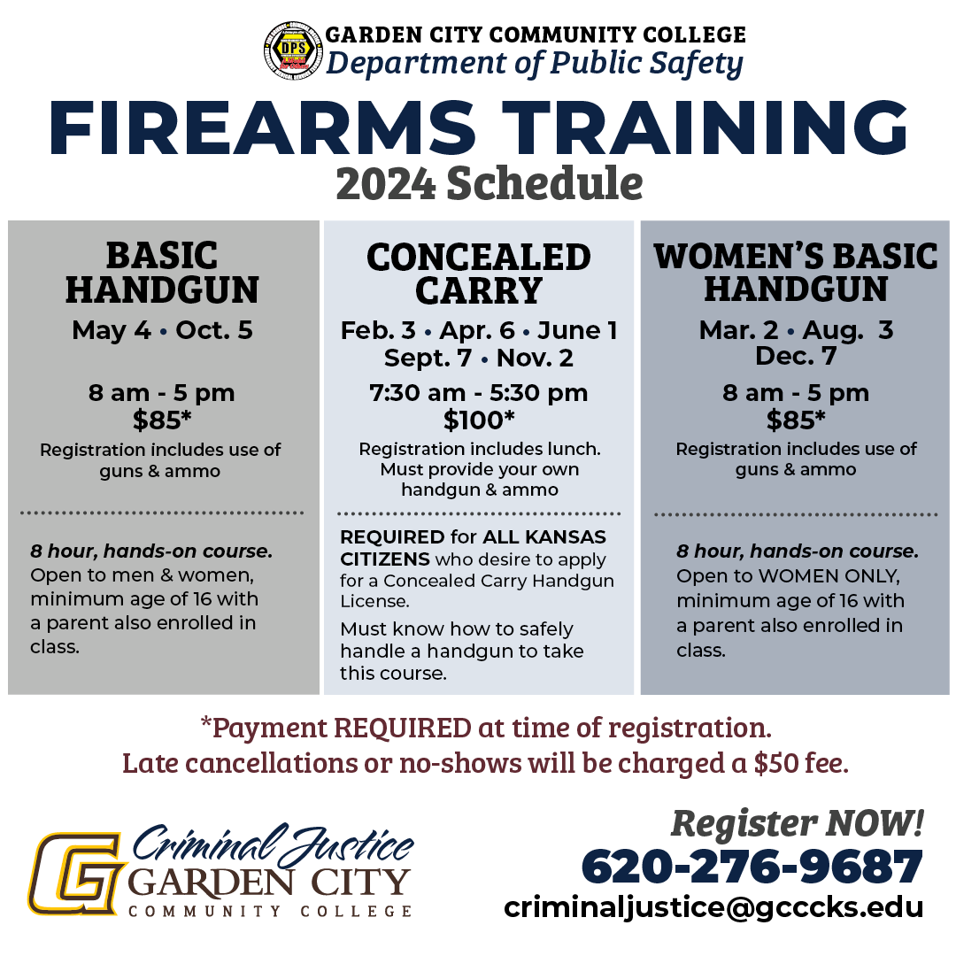 ❗️ UPDATE: New number, please call 620-276-9687 to register! The next Firearms Training Course: Concealed Carry, will take place on Saturday, June 1st! Sign up by Monday, May 27th by contacting 620-276-9687 or criminaljustice@gcccks.edu Learn more: ow.ly/ReVf50QhEaM